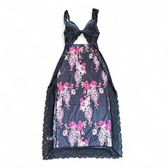 Y2K Slip Maxi Dress Floral Print Cutout Sweetheart Neck Backless Slit Medium 90s