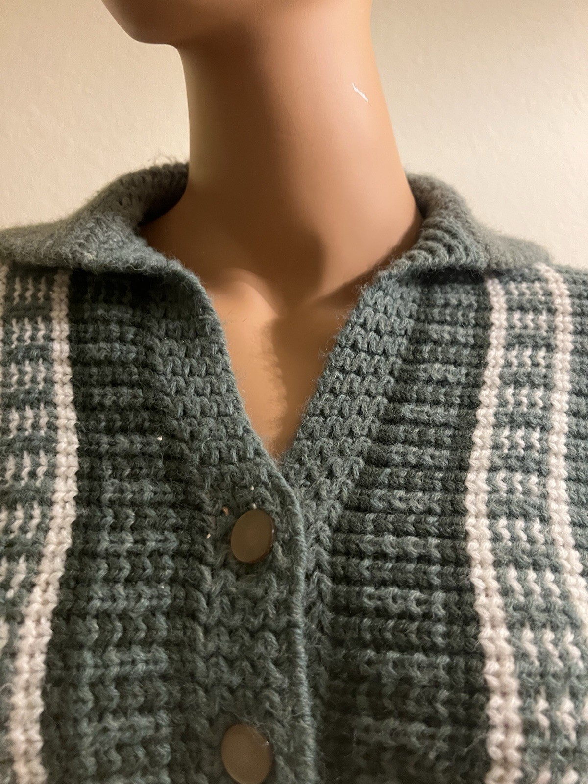 Vintage 60s Cozy HUNTER GREEN Preppy Striped Cropped Cardigan Small