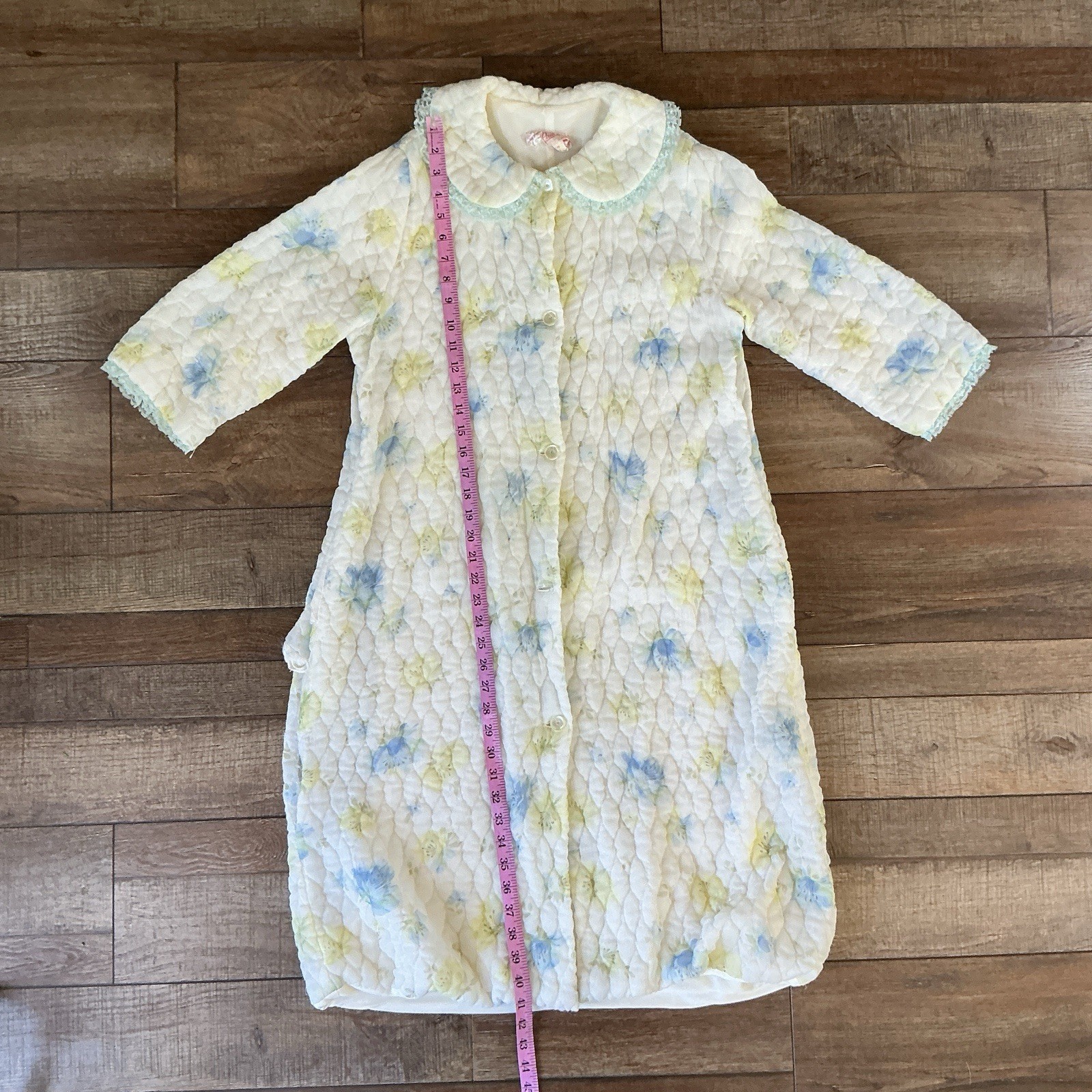 60s VINTAGE Paulette Chicago Quilted Floral Robe Duster Size 12 Blue Yellow 20D6