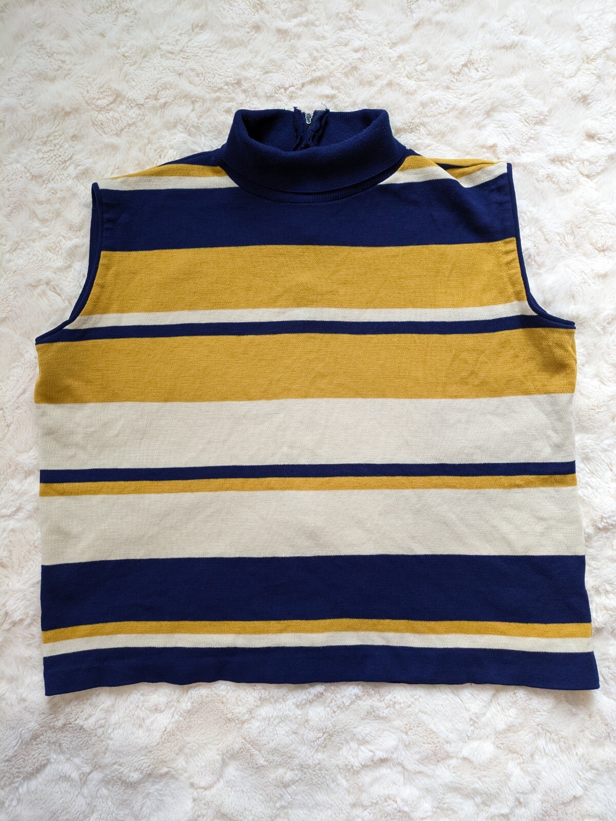 Vintage Mod Mock Neck Sleeveless Knit Layering Top Blue Yellow Stripes Large