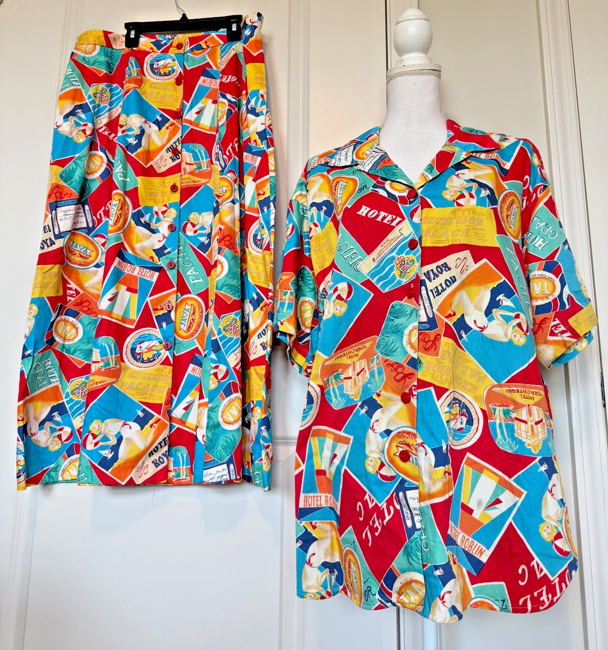 Vtg Marisa Christina II Travel Shirt & Skirt Cotton Set 1X Suit Cruise Beach