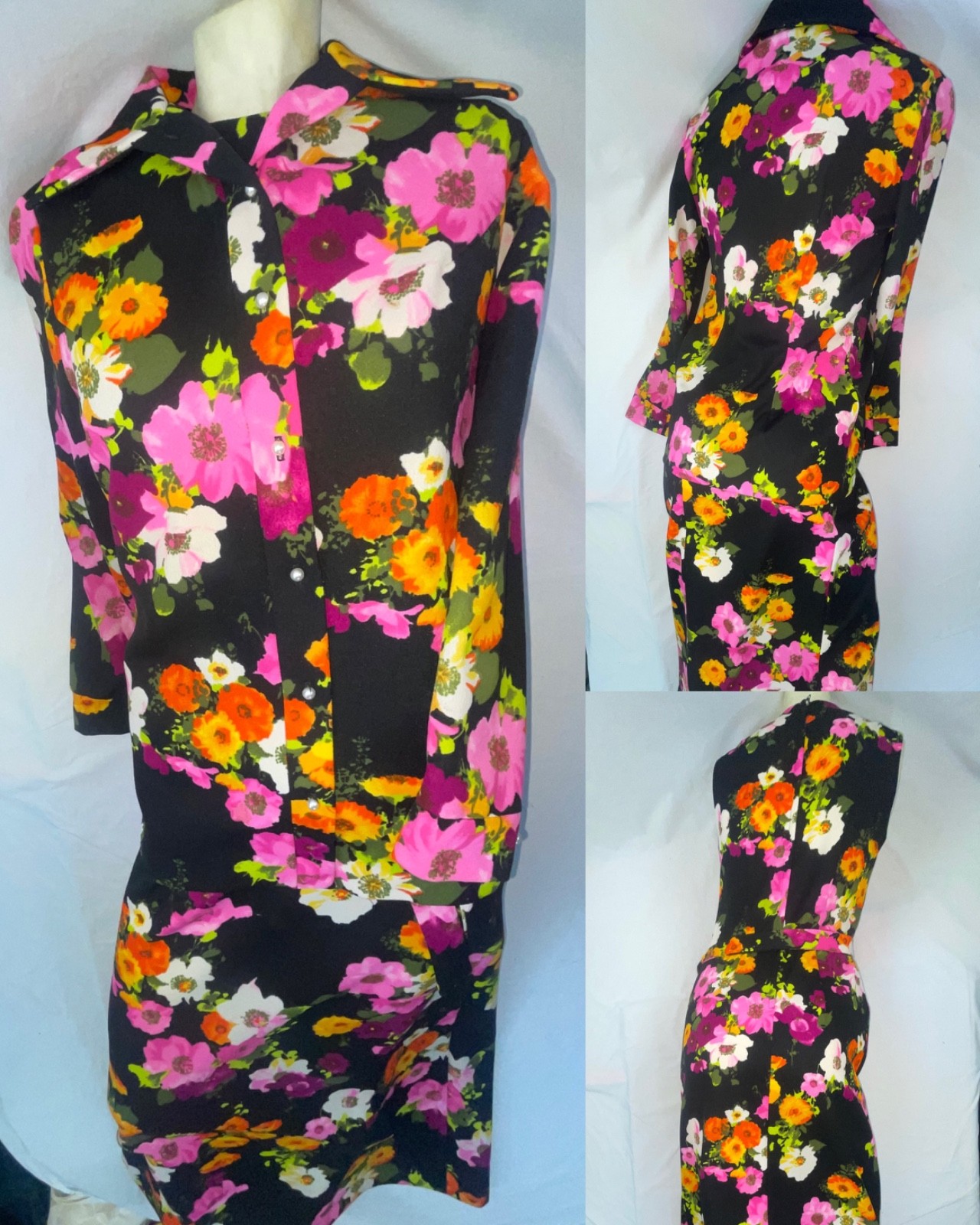 VTG 60S 70S WOMENS S LOUD FLORAL HIPPY DISCO LONG SLEEVELESS DRESS JACKET SET