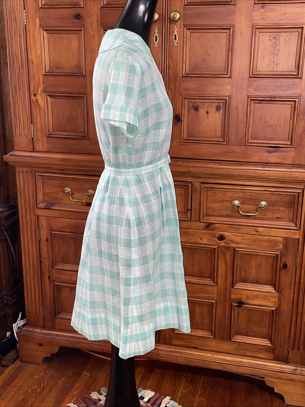Vtg 50s Green Sheer Plaid Spring Summer House Day Dress Button Front w/Belt