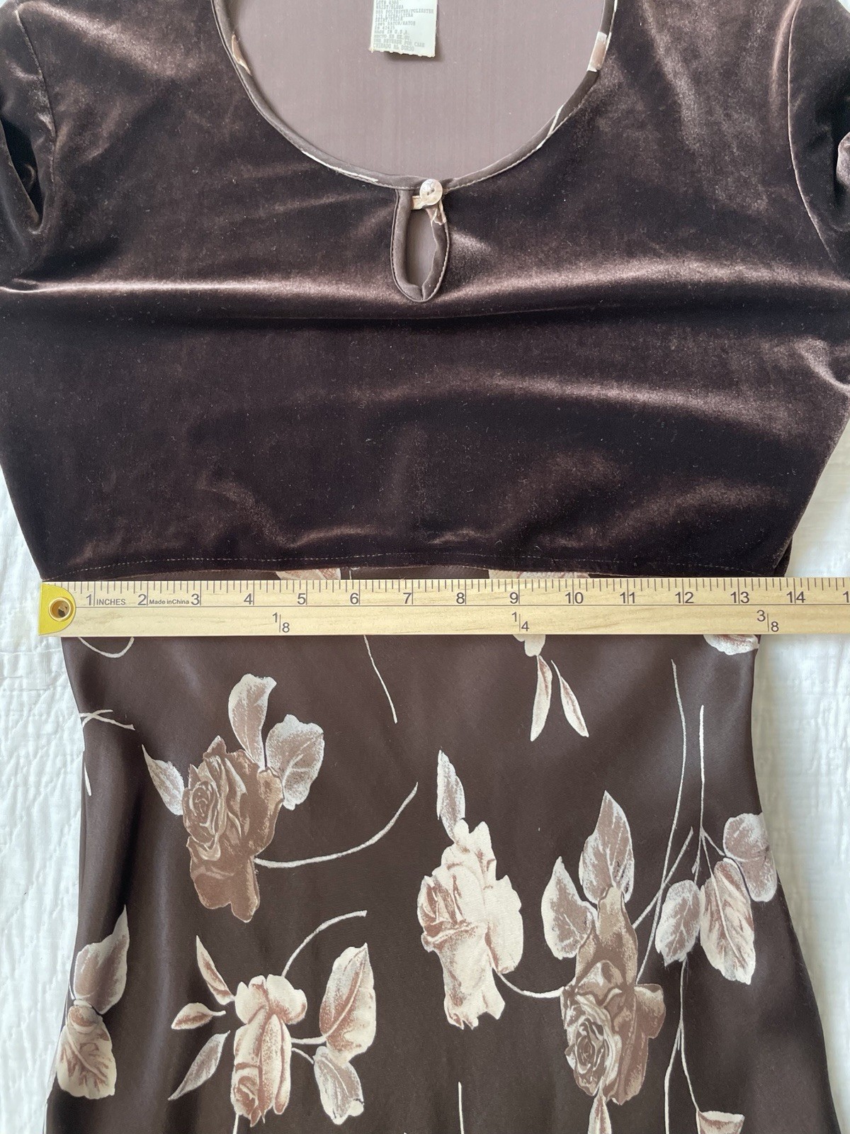 Vintage S M Dress Maxi Velour Satin Rose Floral print 90s Brown VGUC