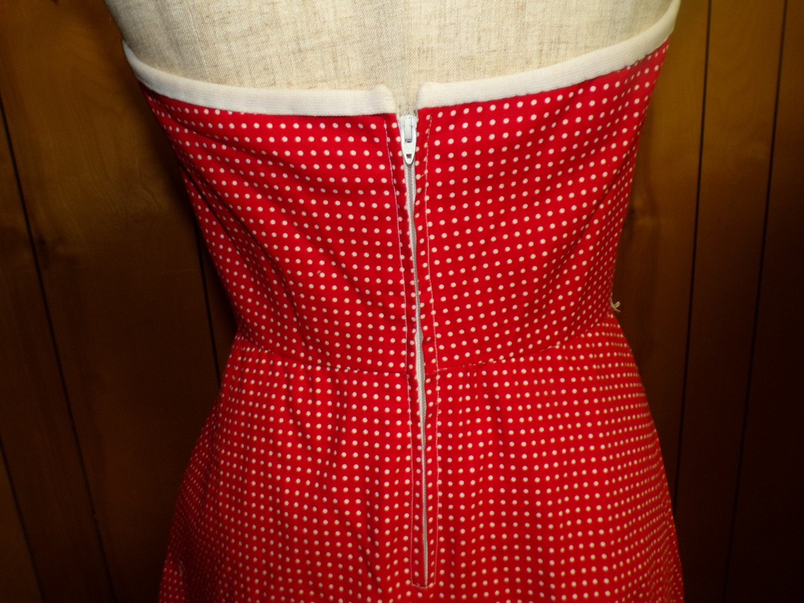 Vintage Red w/ White Polka Dots Halter Maxi Dress Handmade 25″ Waist