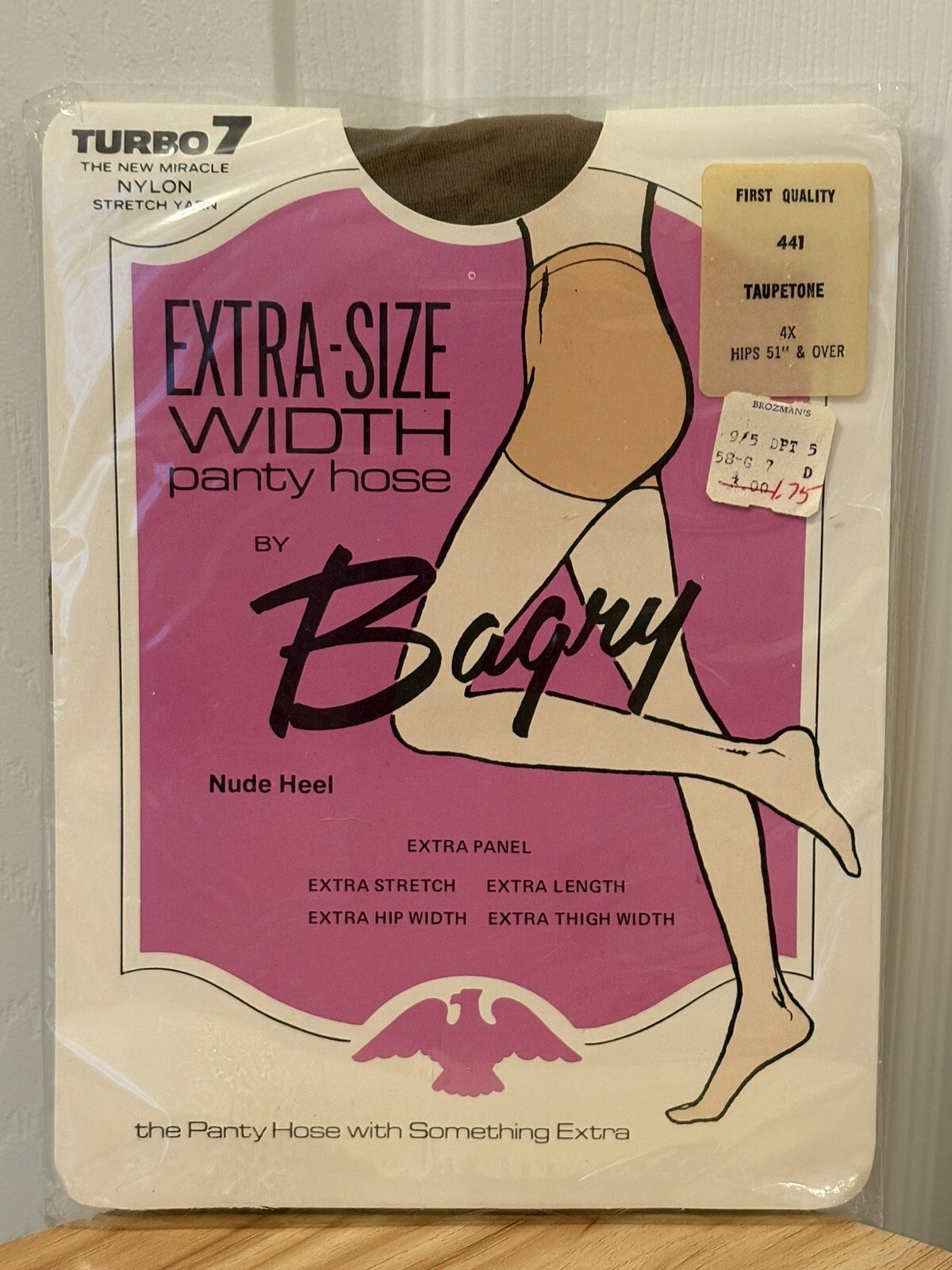 Turbo 7 Extra-size Width Panty Hose By Bagry 441 Taupetone 4X Hips 51” & Over