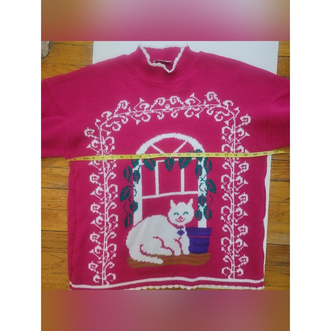 Vtg 80s Spunky Pink Cat in Window Sweater Kawaii Novelty USA Scallop M/L