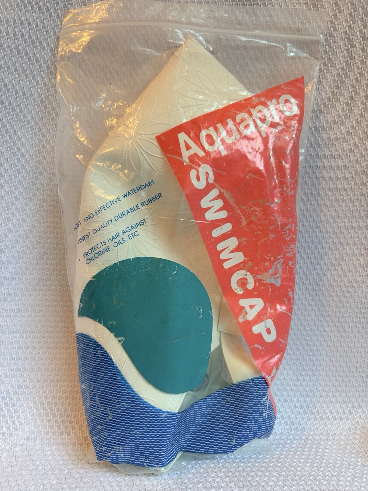 Vtg NOS Ivory Rubber Swim Bathing Cap AQUAPRO 5155 w/ strap Flower Design