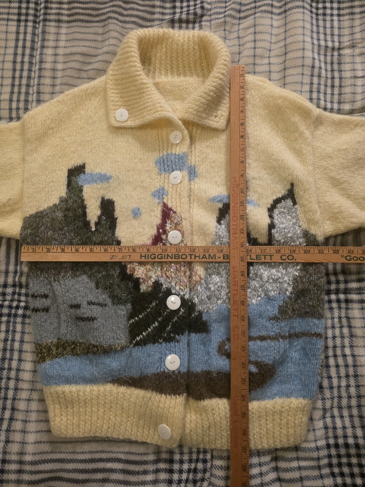 Vtg 70s Hand Knit Fuzzy Acrylic Cardigan Sweater Mountain Landscape Womens Large