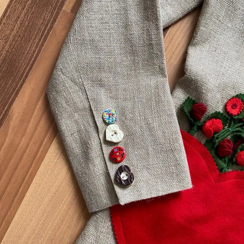 1980s Vintage Linen Blazer Novelty Bavarian Folk Trachten Jacket Retro EU 40