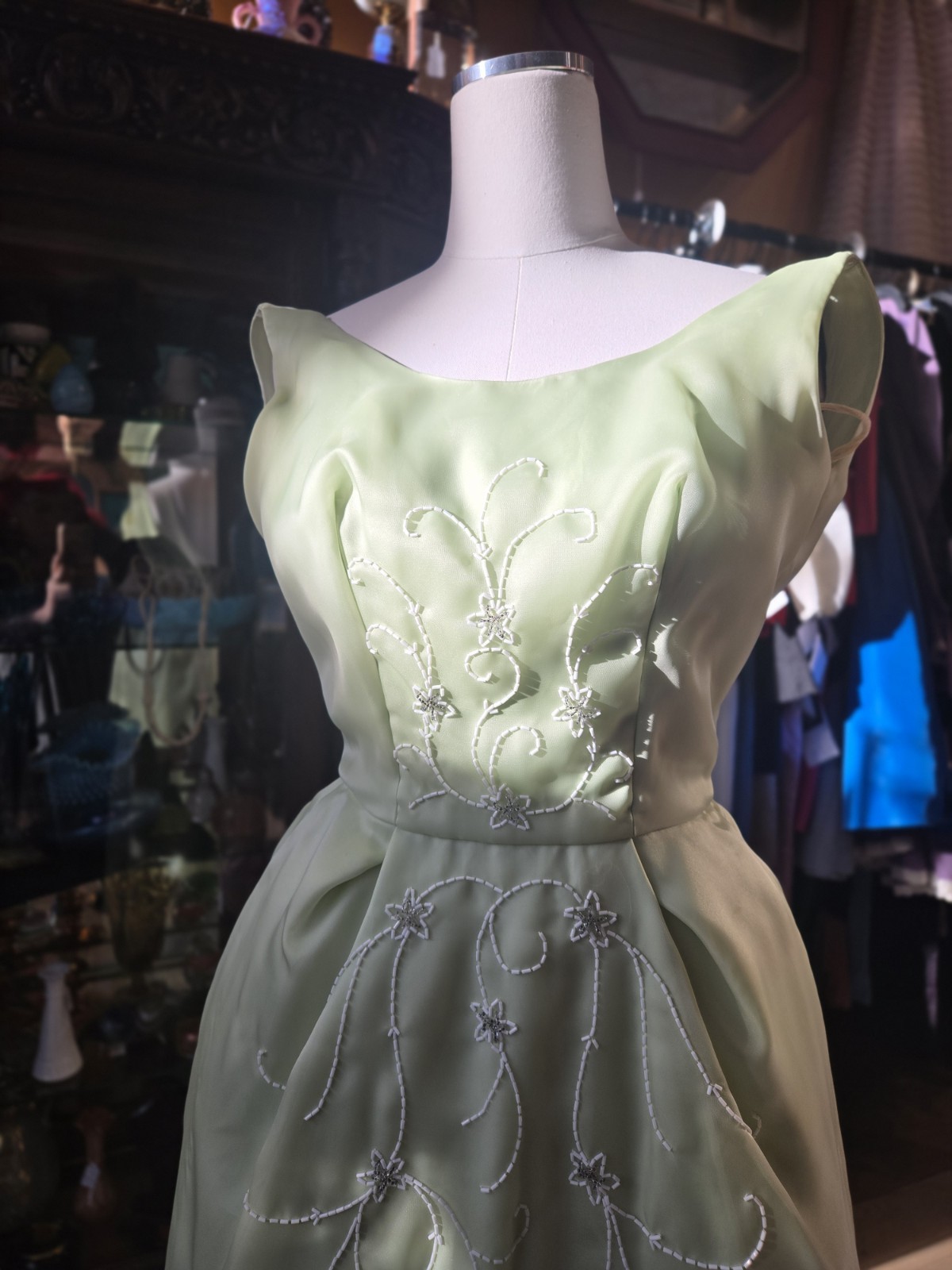 VTG 1960s Princess Pastel Green Organza Sleeveless Maxi Dress Floral Beaded