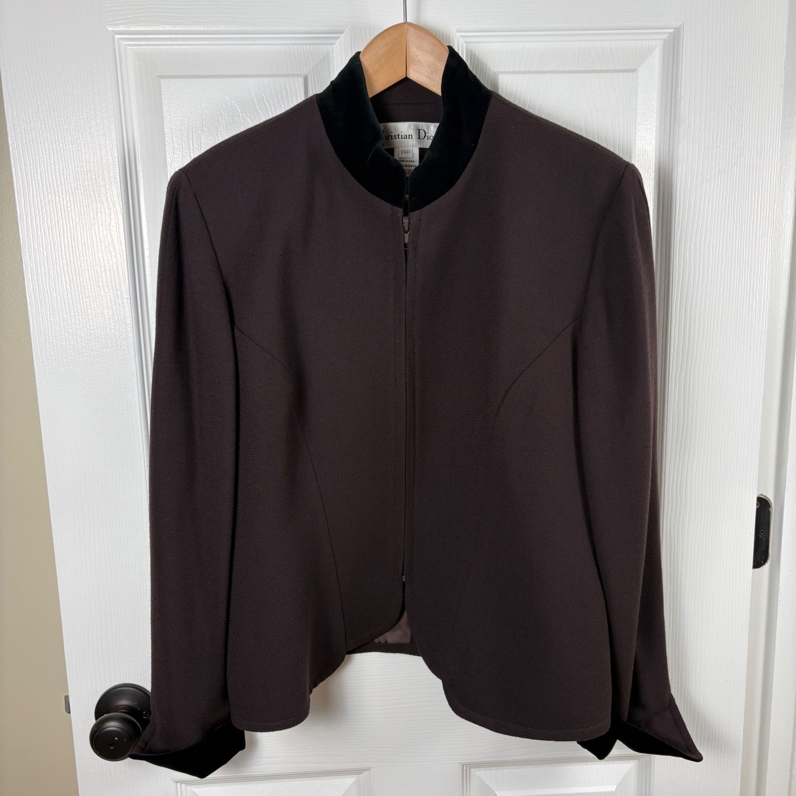 Vtg Christian Dior Skirt Suit 14P Brown Wool Velvet Trim Zip Jacket Luxury