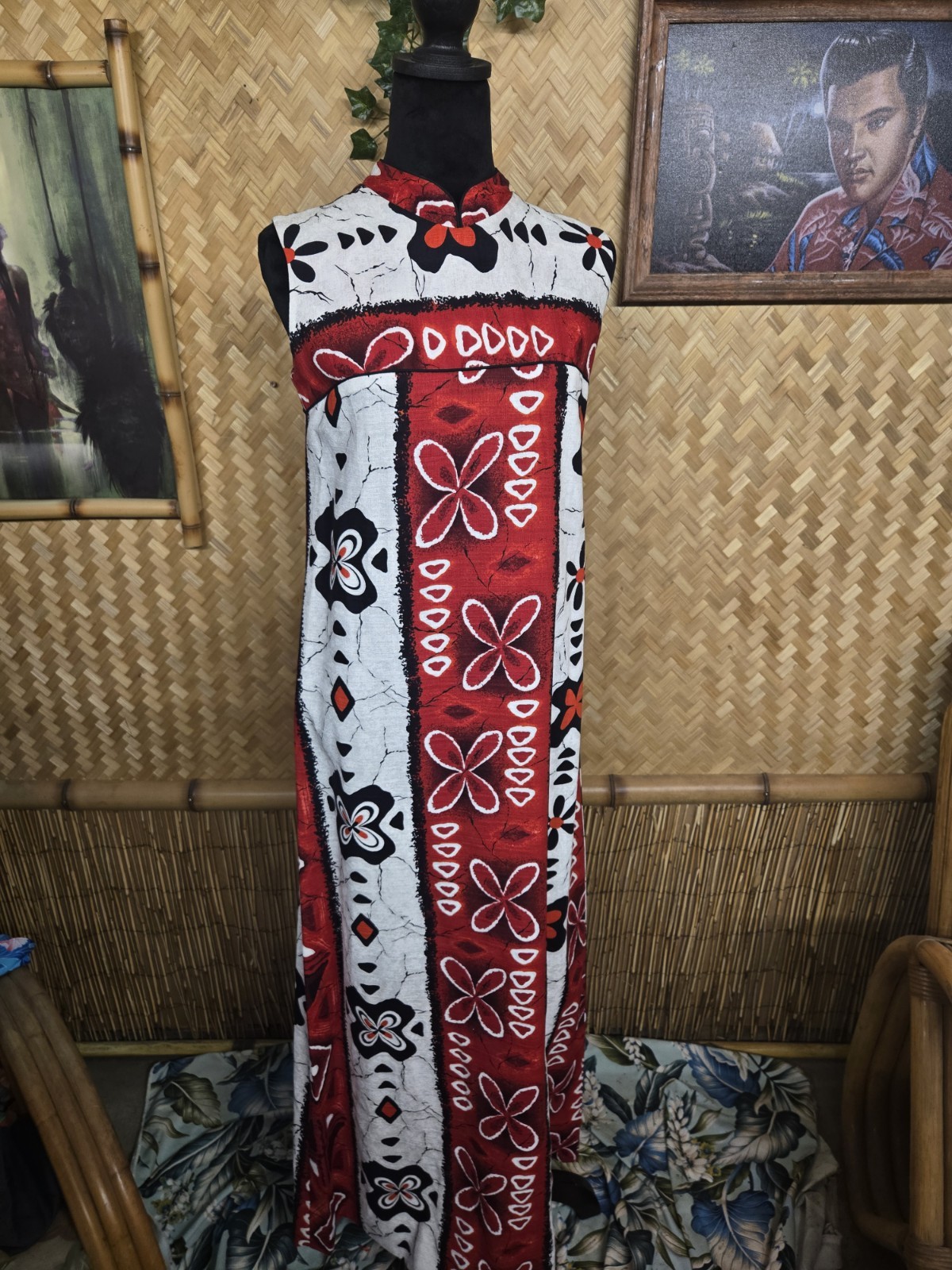 Vintage Waltah Clarke’s Hawaiian Barkcloth Aloha Maxi Dress w1108