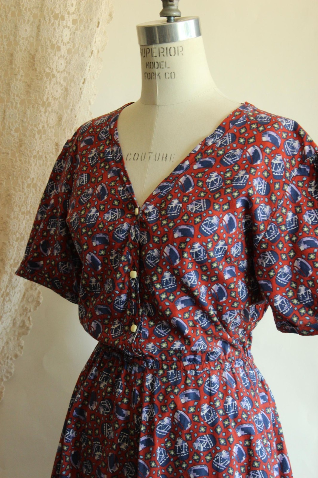 Vintage 1980’s Shirtwaist Dress, Volup 1950s Style Ginger Jar Novelty Print Midi