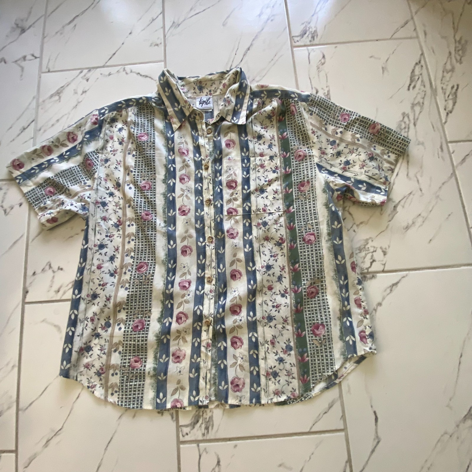 Tapsilo Vintage Womens Button Front Floral Patchwork Blouse Short Sleeve Large