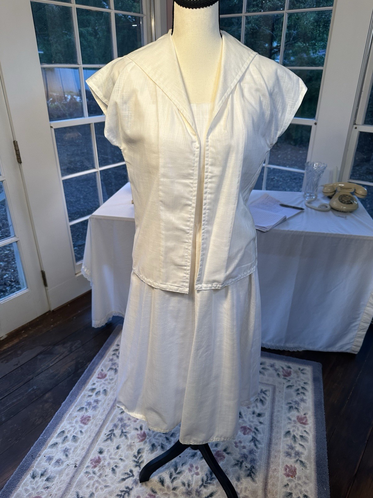 Vintage 50s Off-White Eggshell Swing Dress With Jacket Princess Bodice Small