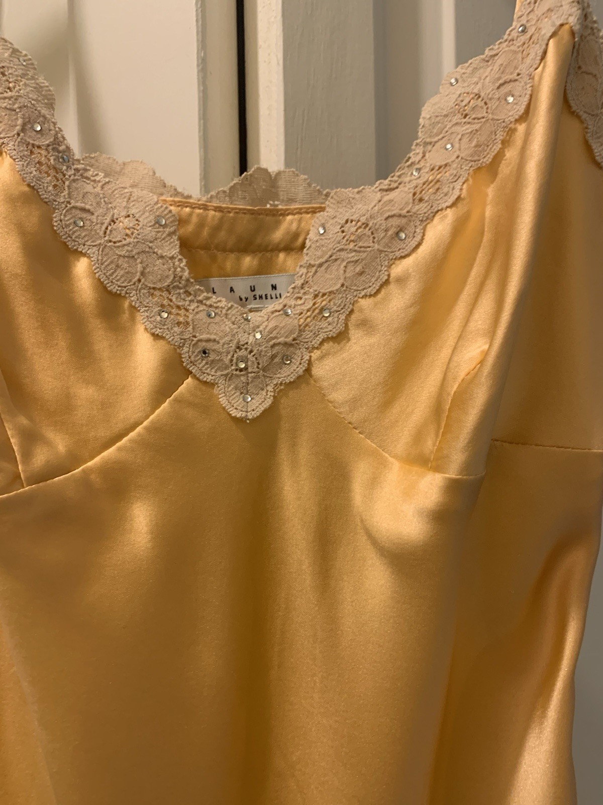 LAUNY by SHELLI Women’s Gold Satin Slip, Lace Trim Lingerie cami