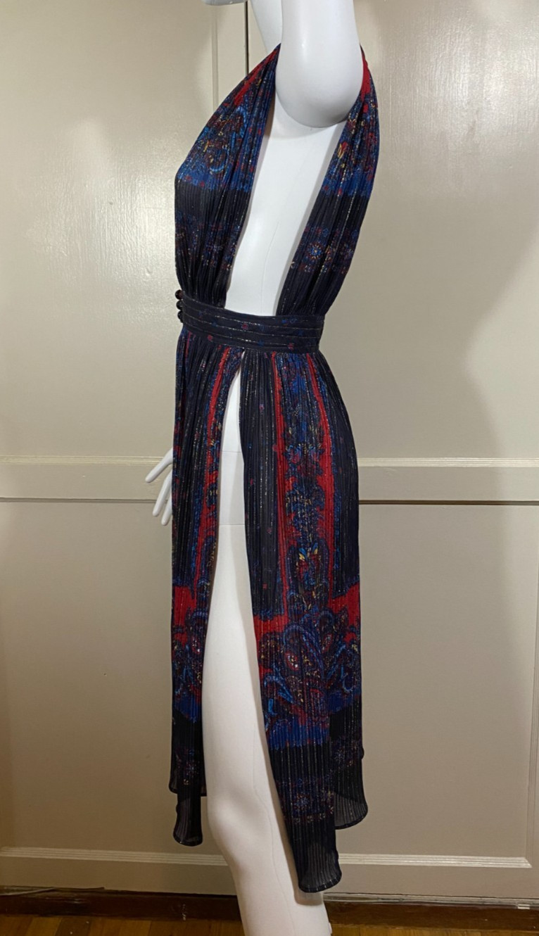Stunning Vintage 1970s Sheer Metallic Paisley Plunging V Midi Dress Tunic, Small