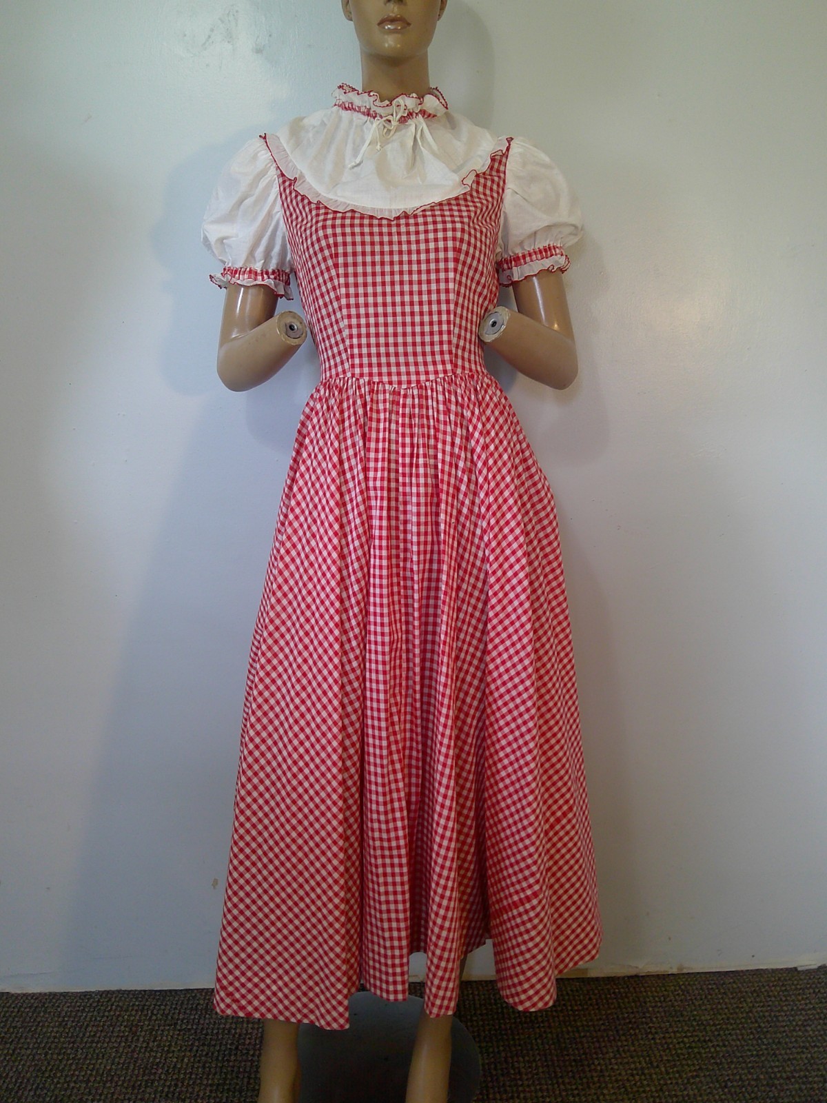 Vtg 70s Red/White Gingham Prairie Cottagecore 160″ Full Sweep Maxi Dress & Hat M