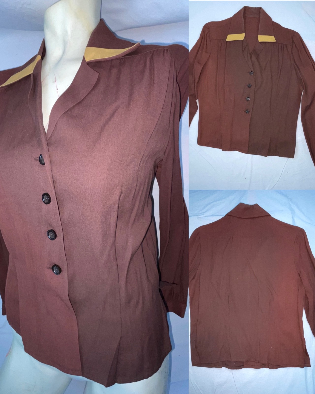 VTG 40S 50S WOMENS S GABARDINE RAYON BROWN BUTTON ROCKABILLY SHIRT TOP