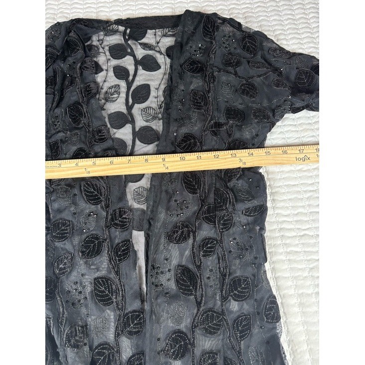 Vintage Black Sheer Duster Leaf Velvet Witchy Goth Beaded Maxi Open Front 59″