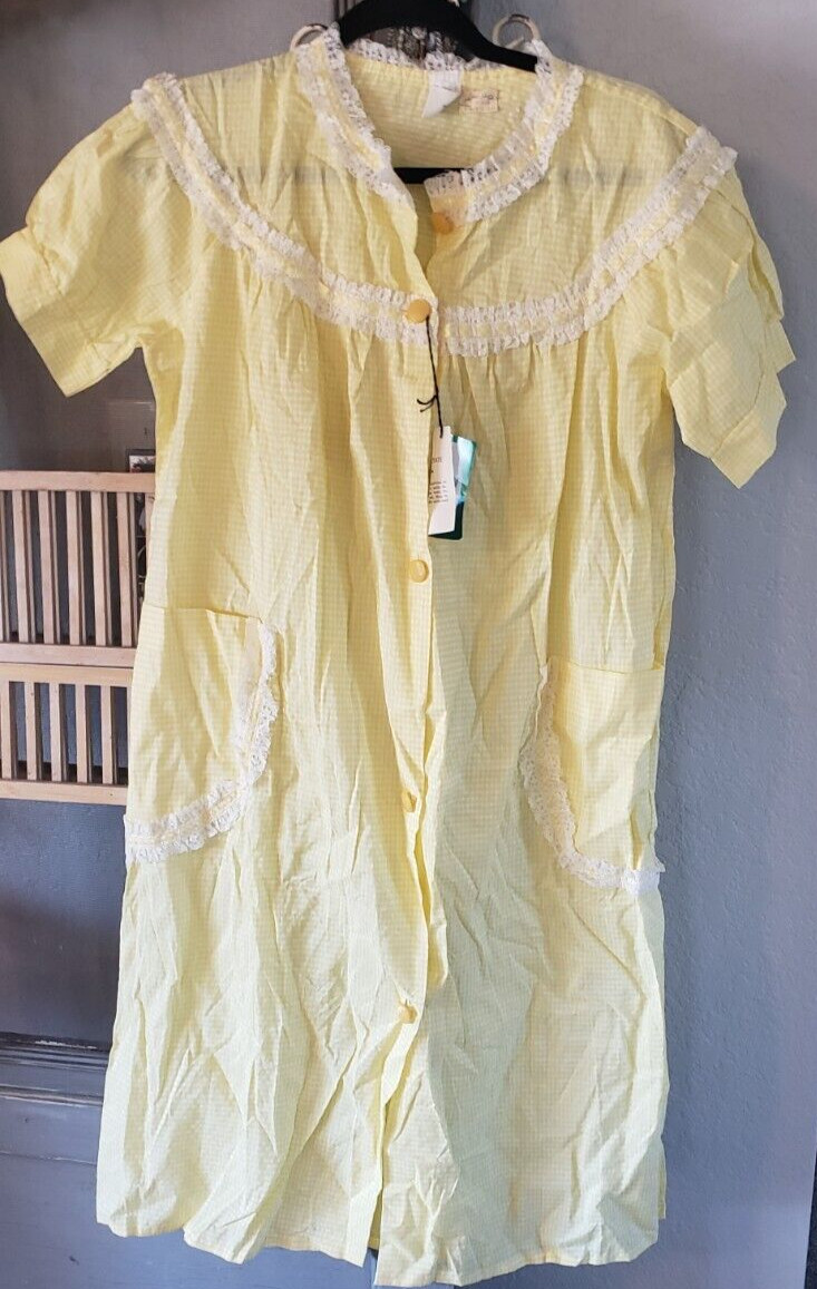 Charm Maid Yellow Gingham Housecoat House Dress Mid Century Modern Estron Med