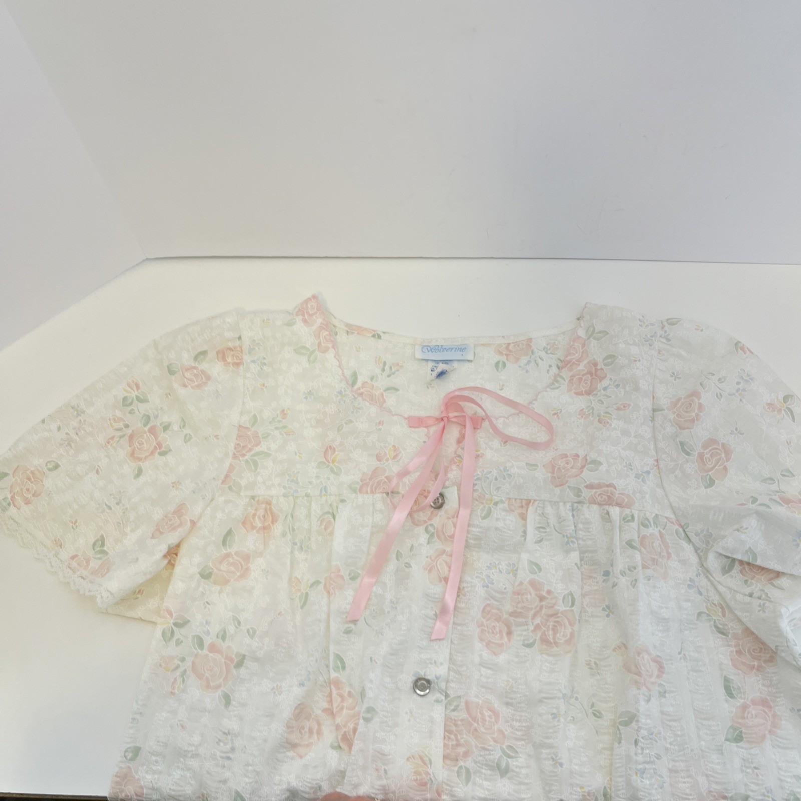 VTG Wolverine White & Pink Floral Nightgown & Housecoat Robe Poly Blend Set Med