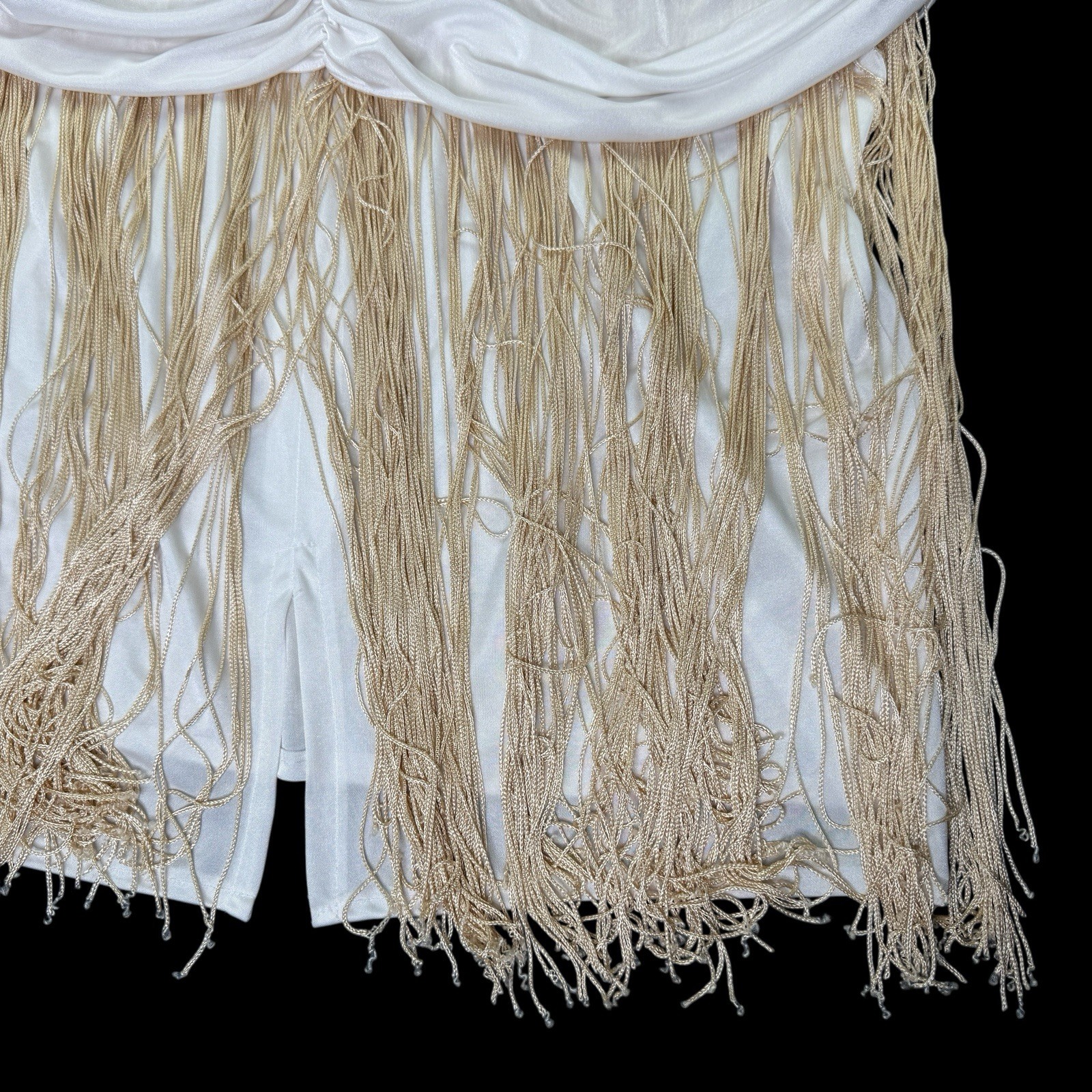 Vintage Filigree California Disco Fringe Cocktail Dress White Gold VNeck Sz 14