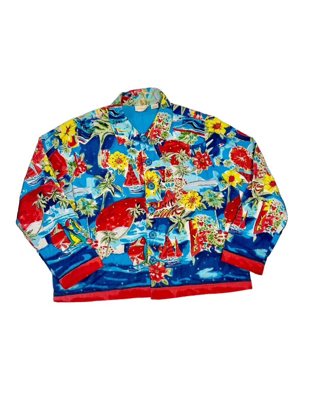 VTG Studio Works Tropical Jacket Women’s XL Cotton Rhinestone Sailboat Floral
