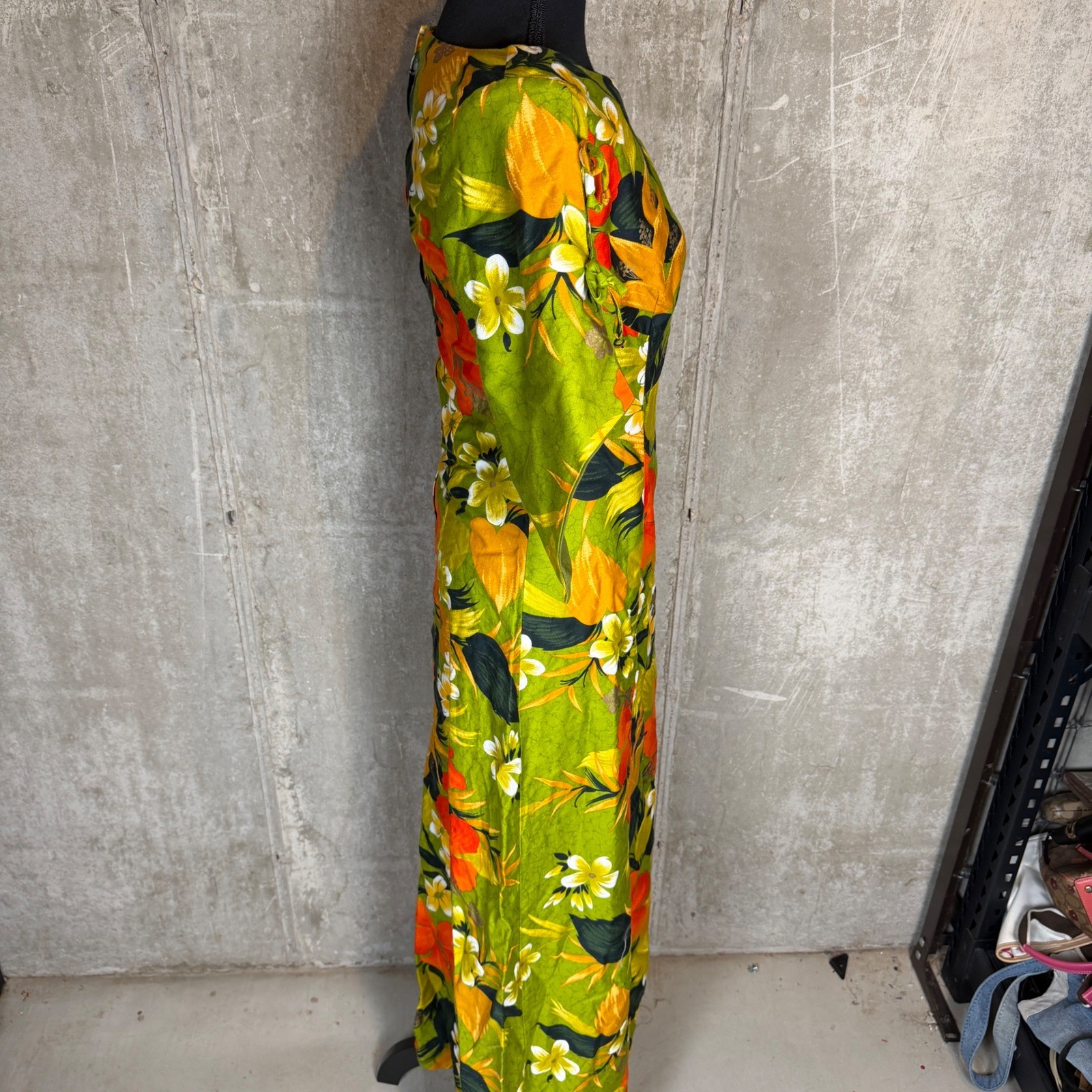 Vintage 60s Sears Hawaiian Fashions Floral Maxi Dress Green Orange Talon Zip S