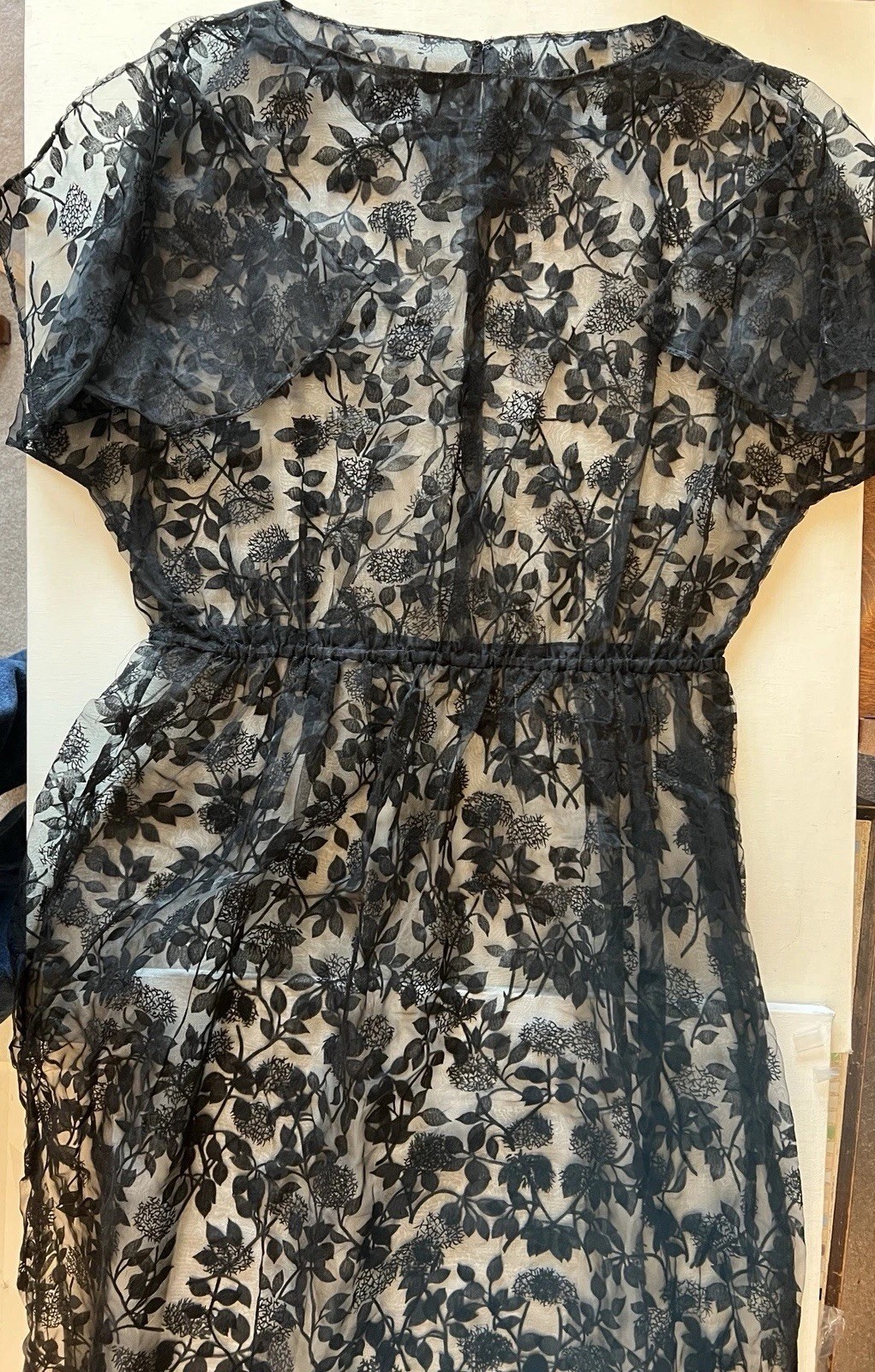70’s Vintage Handmade Black Flocked Lace Sheer Cover-up Dress Fluted Sleeves