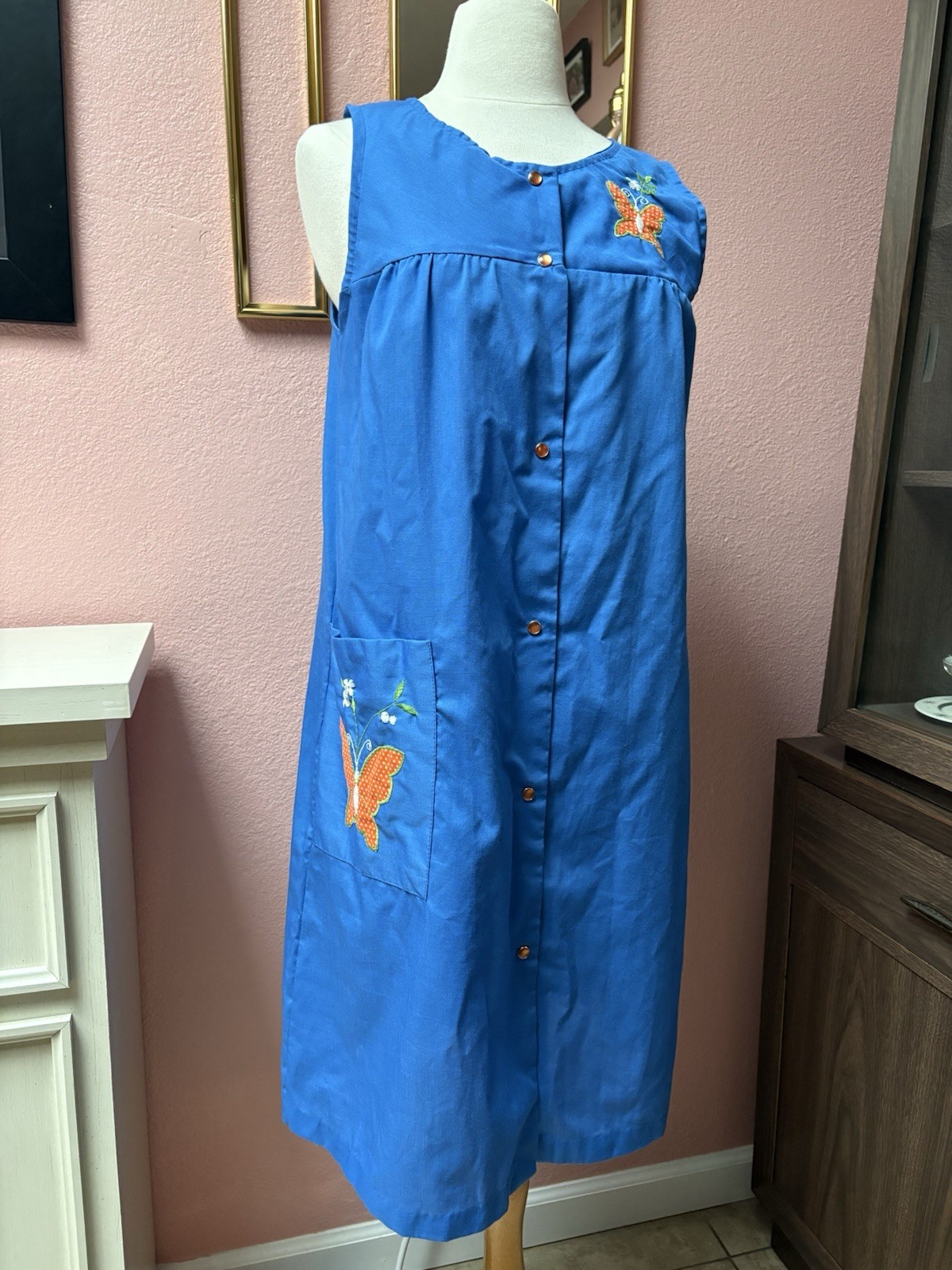 1960s Blue House Dress w/ Orange Butterfly Patch by It’s A Charm | Size S