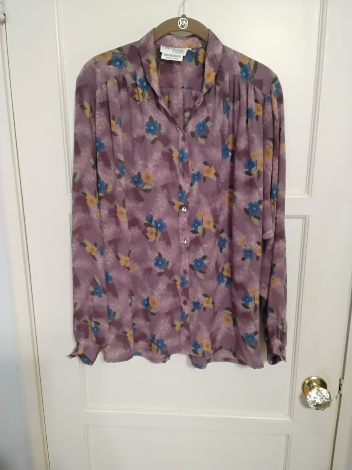 Vintage 80’s Semi Sheer Blouse Purple Mauve Florals Mamselle Sz 7/8 Long Sleeves