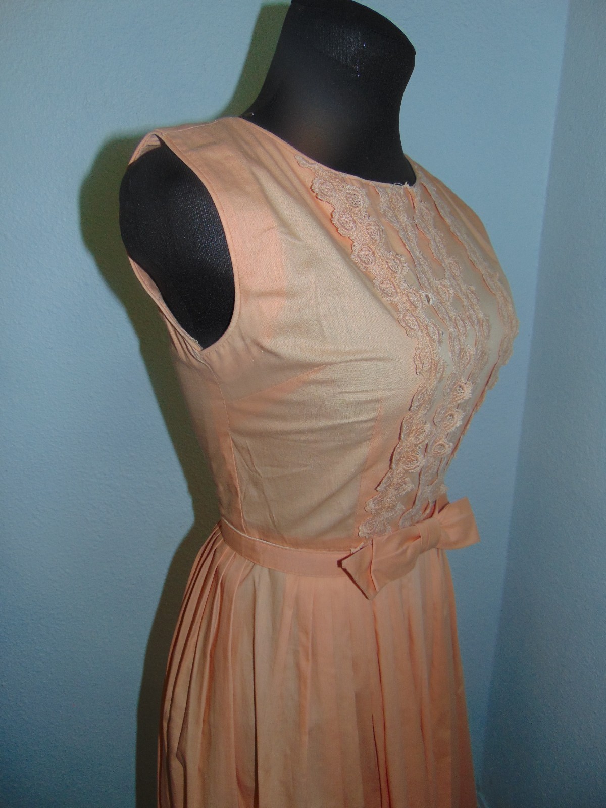 Vintage 1960’s Cotton Day Sun Dress Tangerine Color Original Bow Belt Misses S