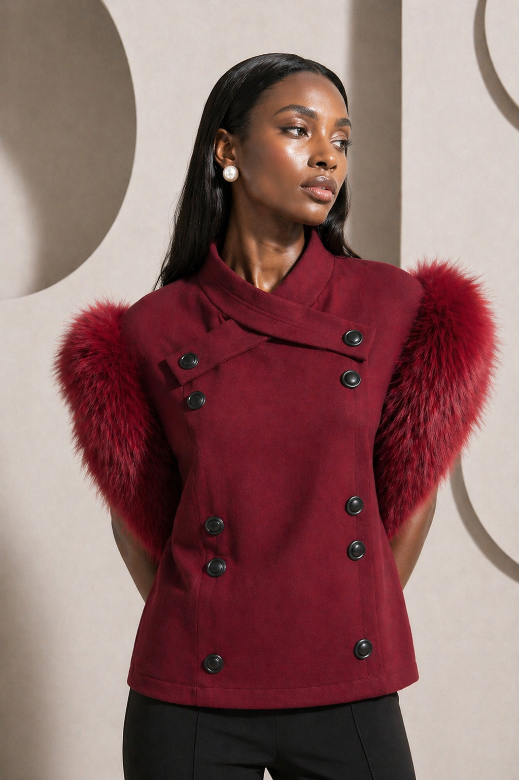 PIERRE CARDIN HAUTE COUTURE- 1989 Wool & Fox Fur Sleeveles Coat, Size 8