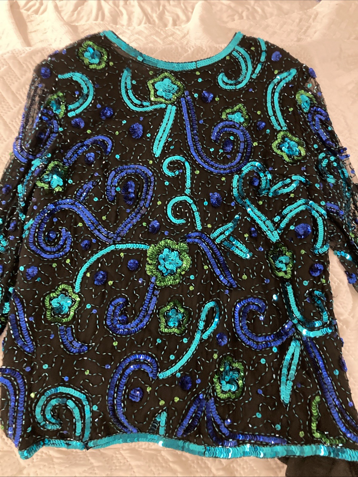 Stenay Vintage Sequin And Beaded Blouse, Woman’s Size 1X 100% Silk Mesh Sleeves