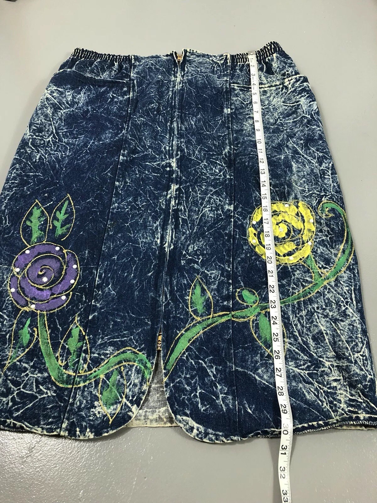 Vintage Acid Wash Weird Art To Wear Paint Midi Jean Skirt Christie Of California