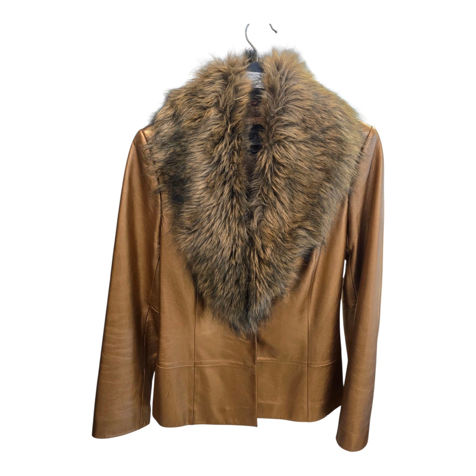 Vtg Genuine Lamb Skin Jacket 1980s Detachable Faux Fur Collar Ladies L Golden