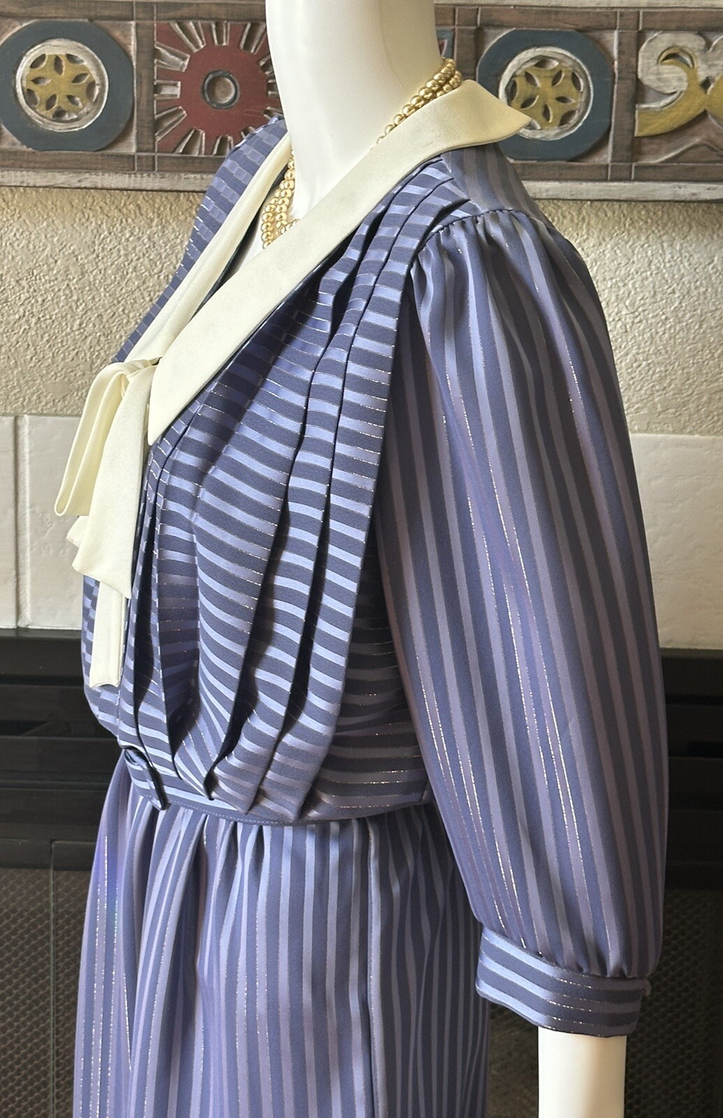 Vtg 80s JSJ Belted Dress Womens Polyester Blue Dynasty Style 34” Bust 28” Waist