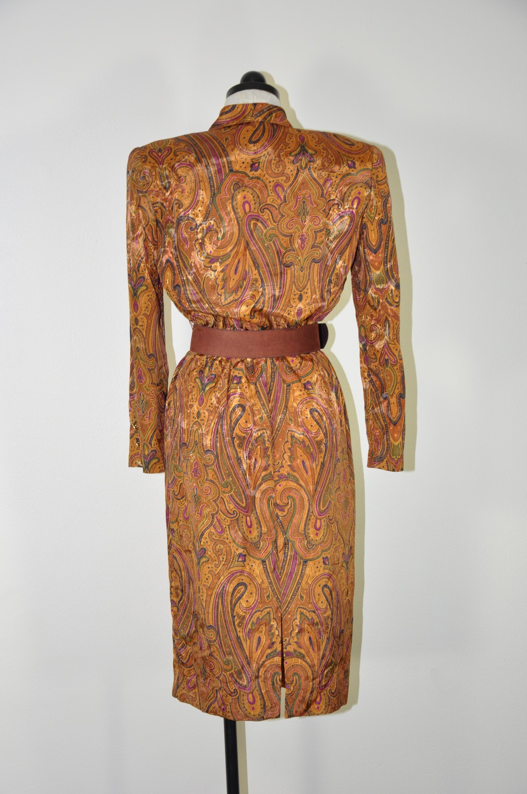 80s Vintage Spice Brown Silky Charmeuse Paisley Strong Shoulder Dress Women S M