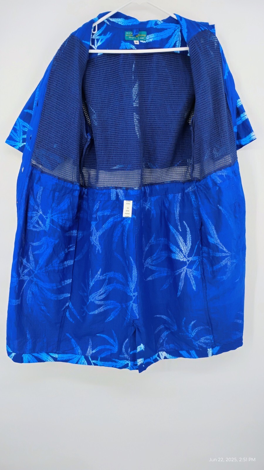 Global Kiwis Dress Vented Button Up Zip Pockets Mesh 100% Cotton Blue Tropical M
