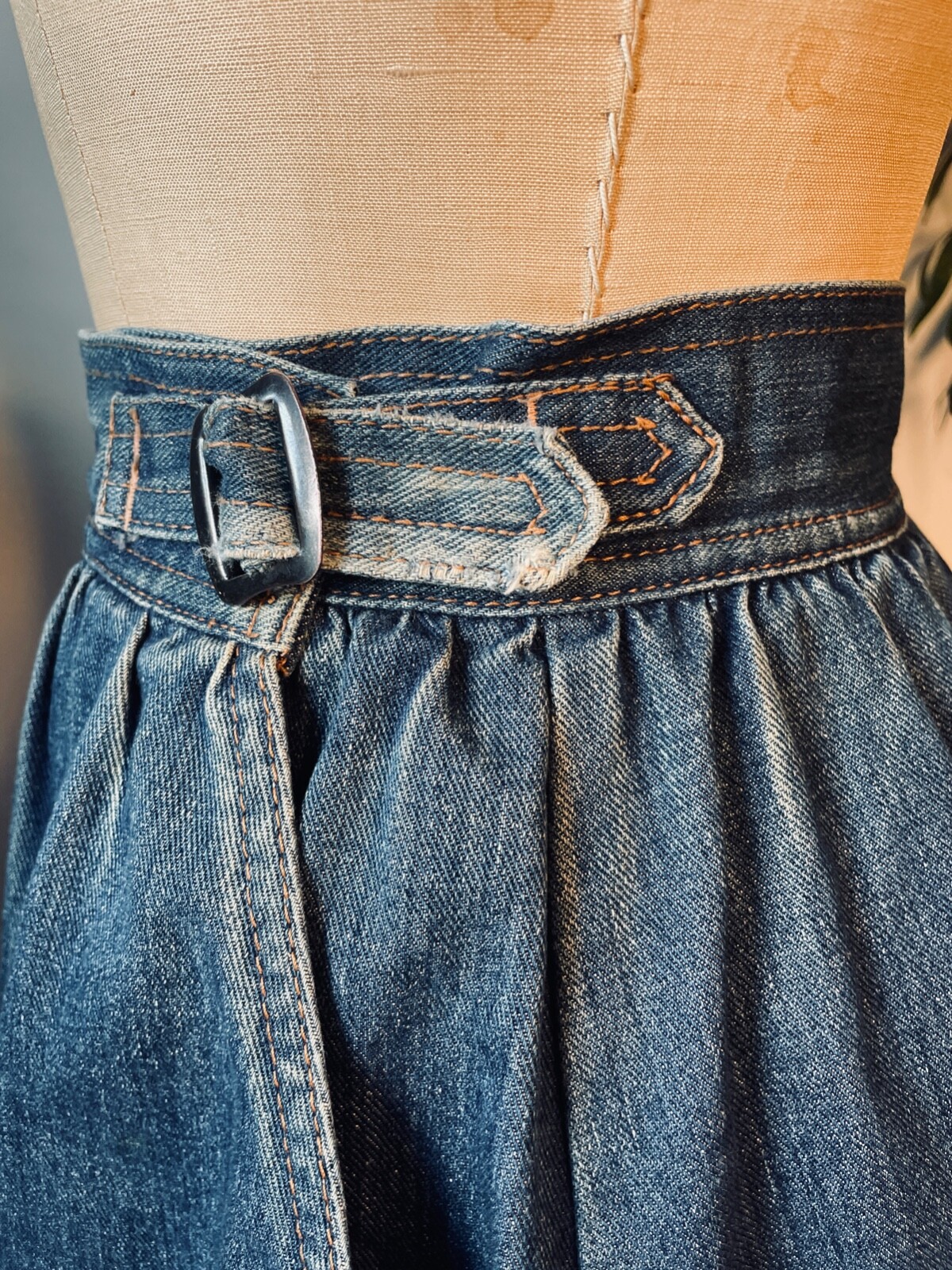 VTG JEAN MACHINE 70’S-80’S BOHO PRAIRIE BLUE DENIM PLEATED SKIRT HIGH WAIST*XS/S