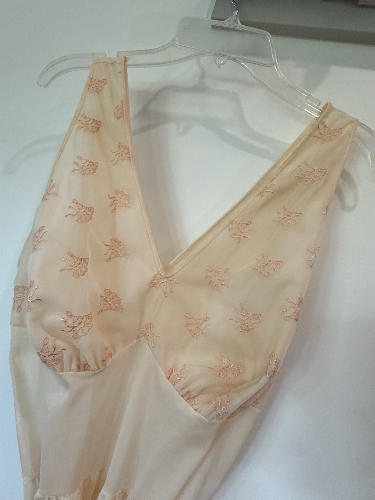 Vintage Van Raalte Peach Nylon Nightgown Robe Set Floral Embroidered Sheer 34