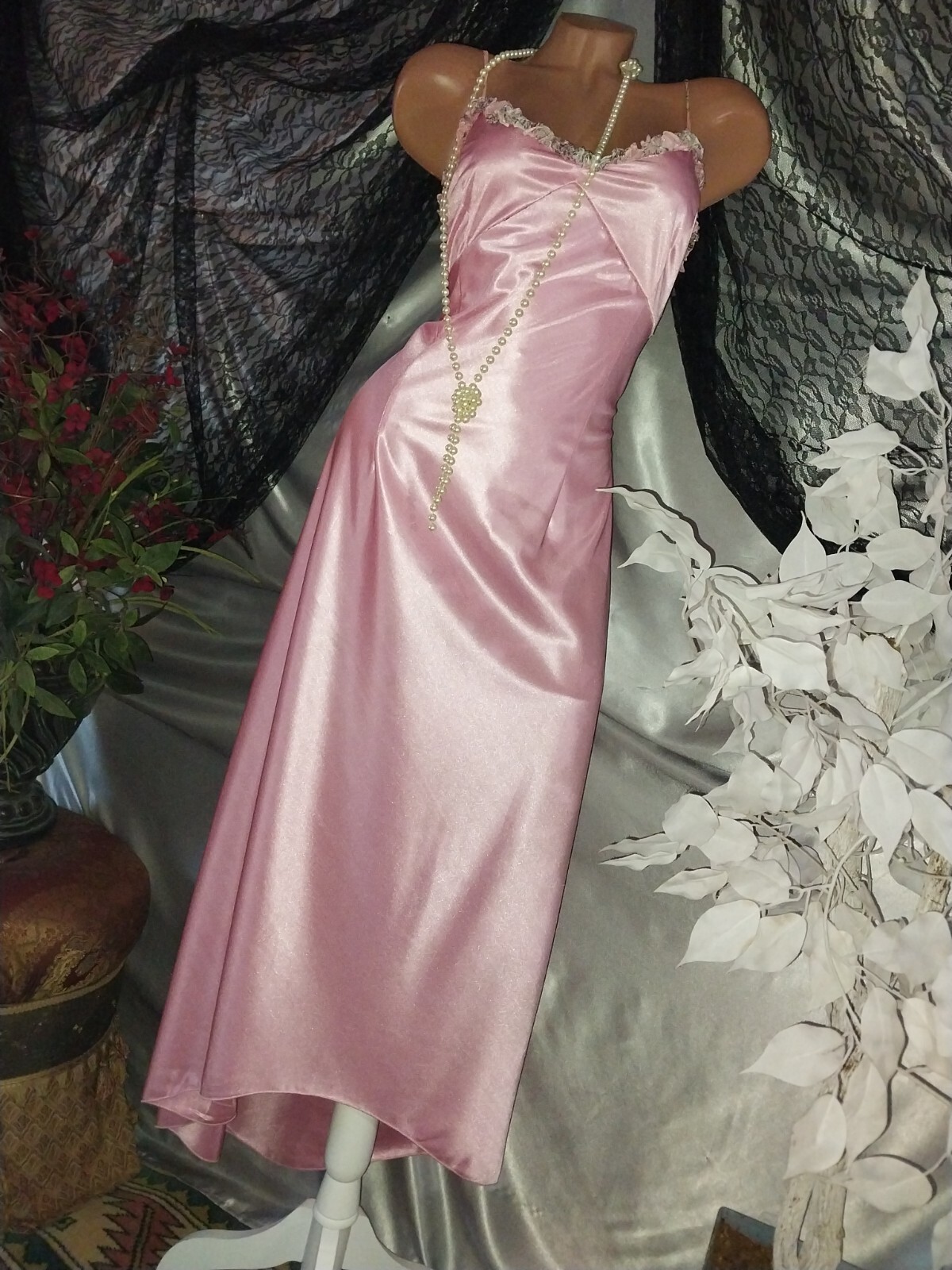 VTG SATIN SHINY PINK LIQUID PAPILLON SILK COQUETTE MAXI DRESS GOWN L.A. 38/40 US