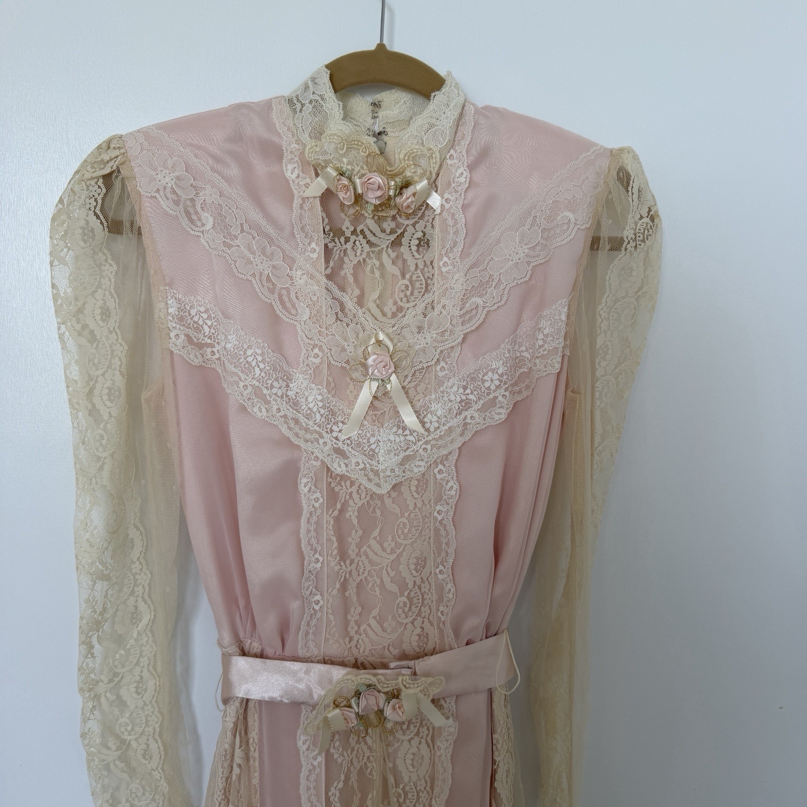 Vtg 70’s Susan Lanes Country Elegance Wedding Dress Sz 10 Pink Victorian Lace