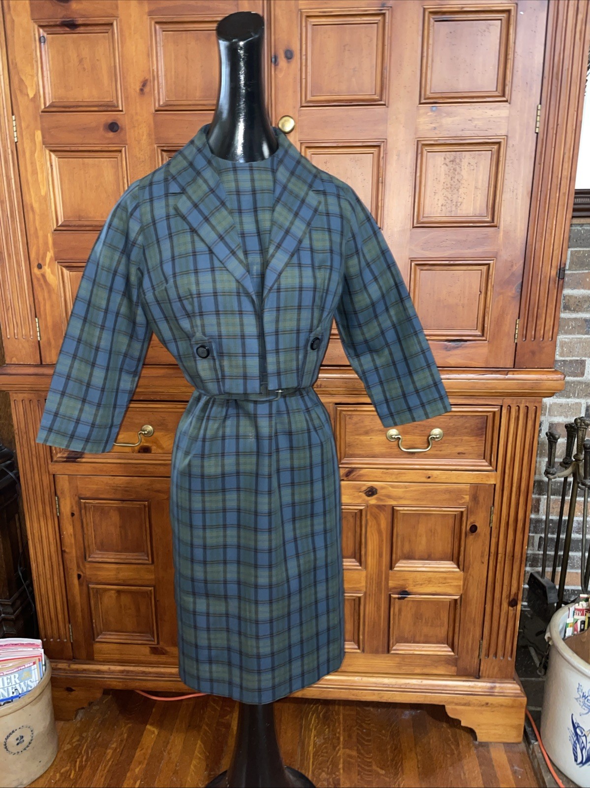 Vintage 60s Nelly Don Dress Jacket 2 Piece Set Blue Green Tartan Plaid Jacki ‘O