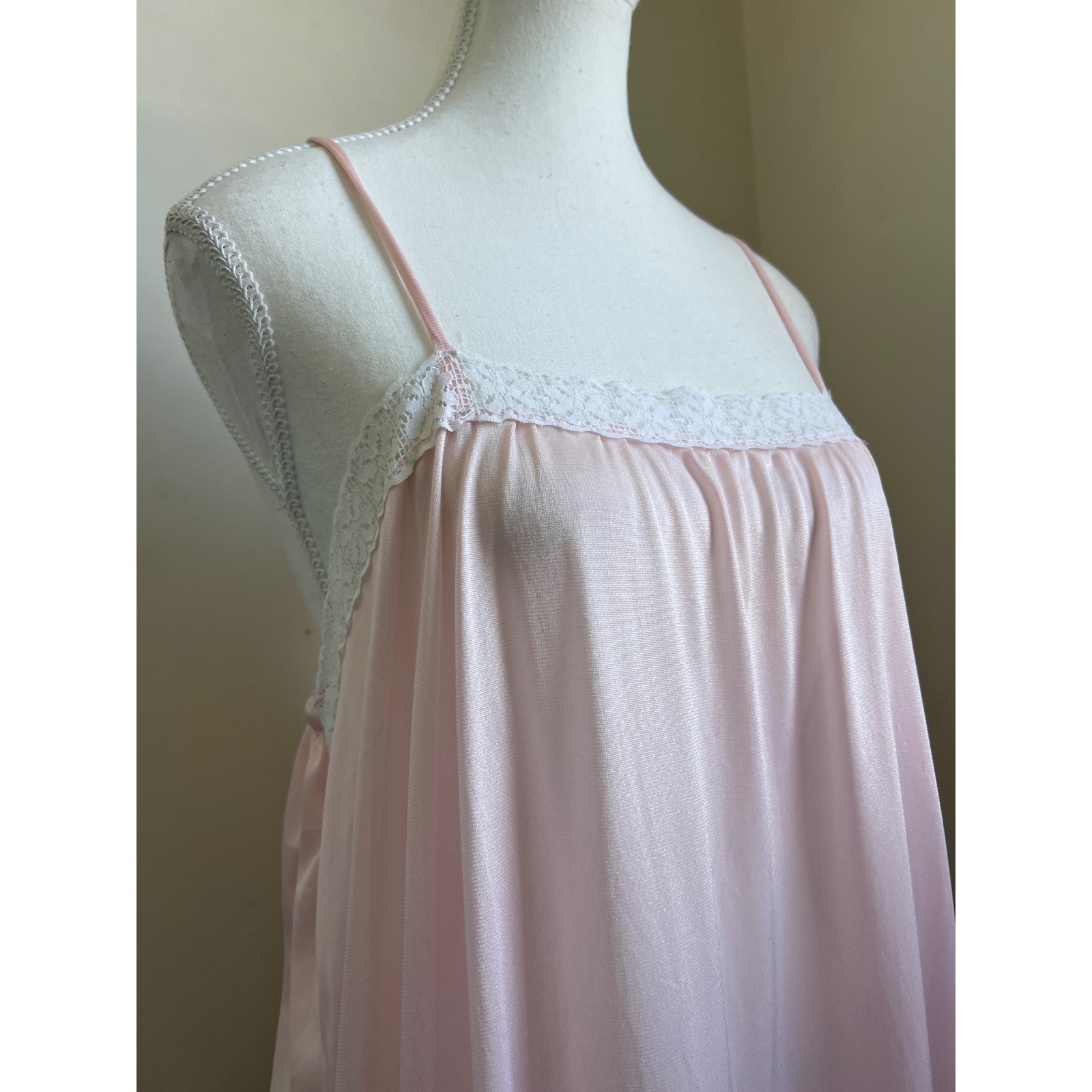 Vintage Nightgown Baby Pink Lace Trim Nylon Maxi Slip Dress 80s Romance Softgirl