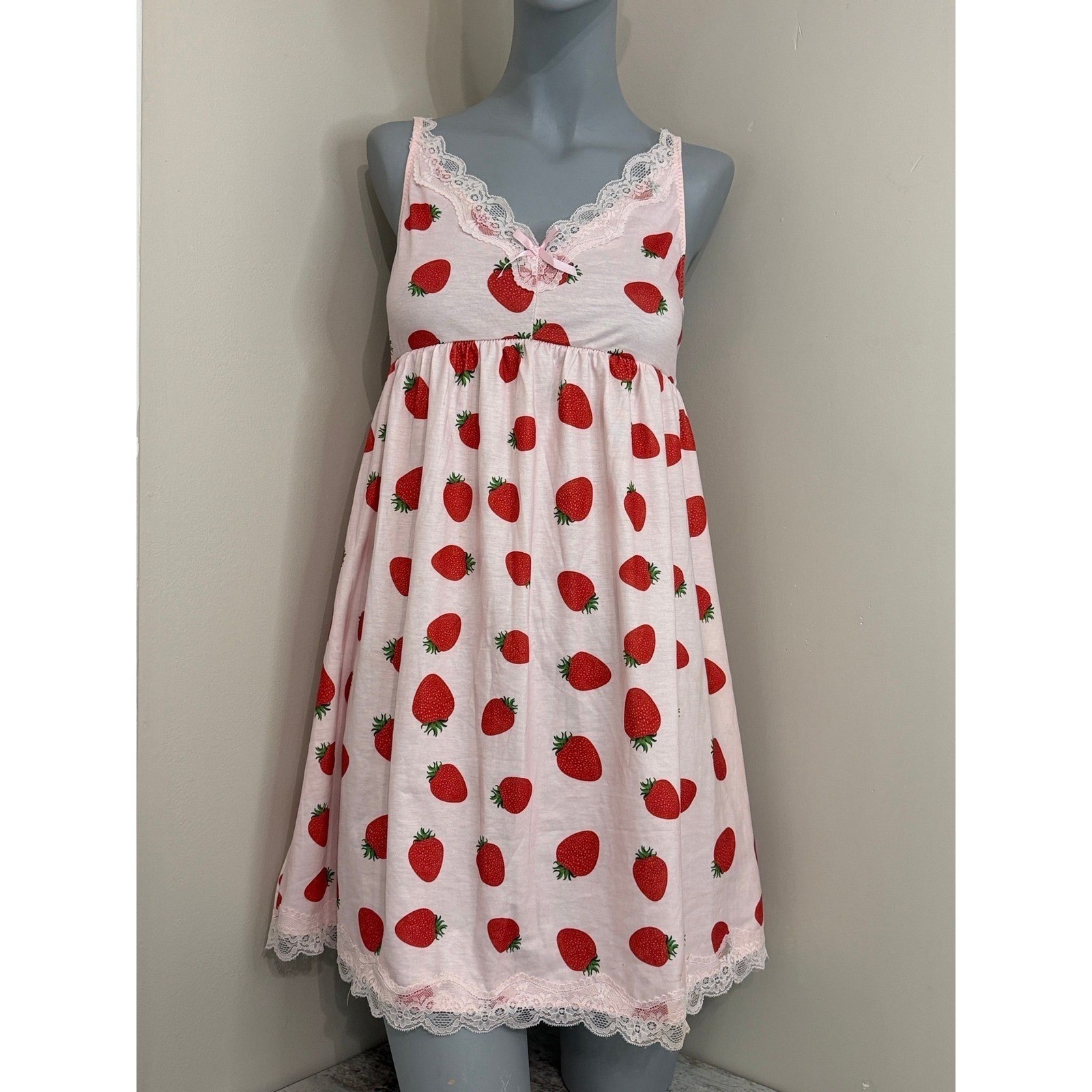 AVIDLOVE Strawberry Print Nightgown Slip Dress Pink White Size M
