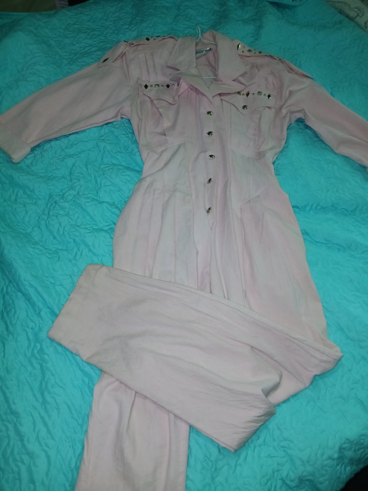 VTG 80s D.Frank Jumpsuit Jeweled stones Padded Shoulder Pleated Ruching 12 USA