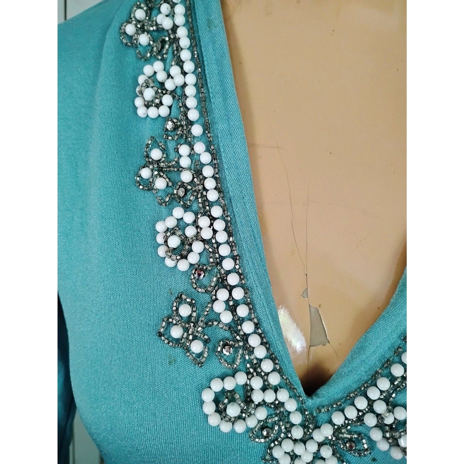 Vintage 1970s Union Made Maxi Dress, Beaded Neckline, Size Small